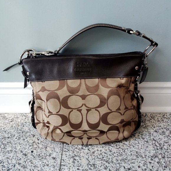 Coach Brown Signature Logo Jacquard Canvas & Leather Shoulder Bag - Picture 1 of 14